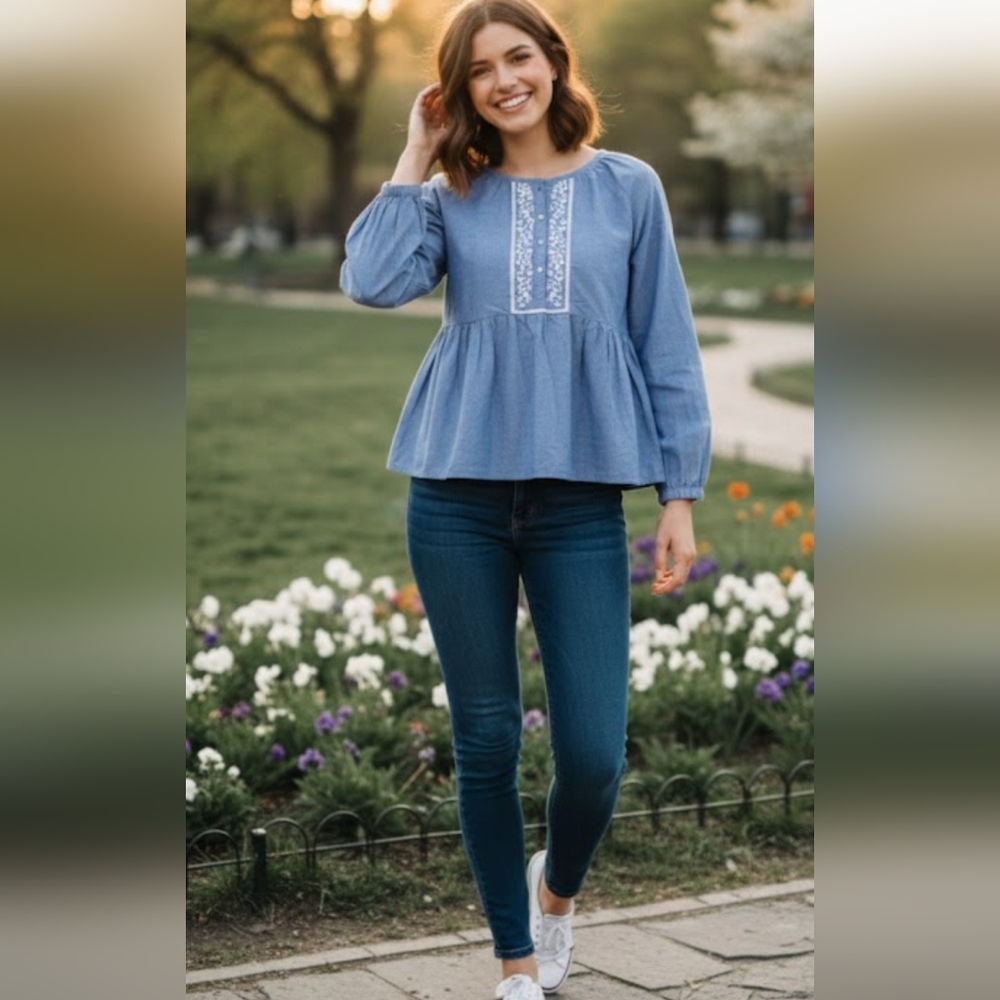 Nautica Blue Blouse with White Floral Embroidery